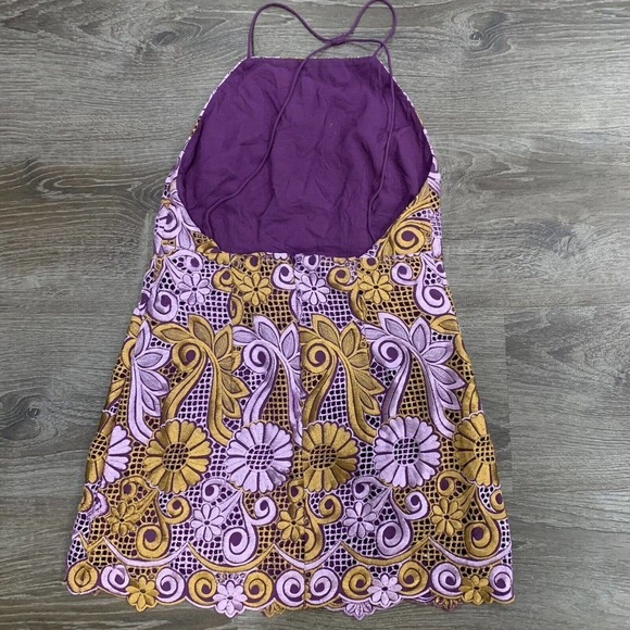 Anthropologie | Mini Dress Purple Gold Embroidered Halter Back- Size 4 Petite - Picture 14 of 15